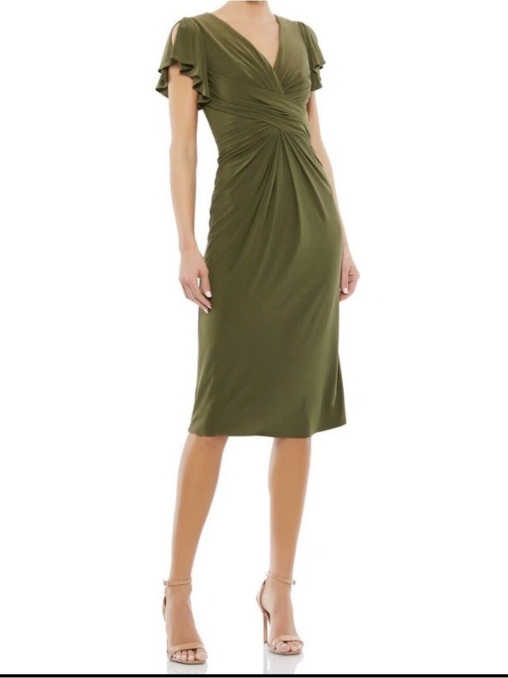 Mac Duggal size 2 olive green midi dress jersey cocktail NWT style 12486